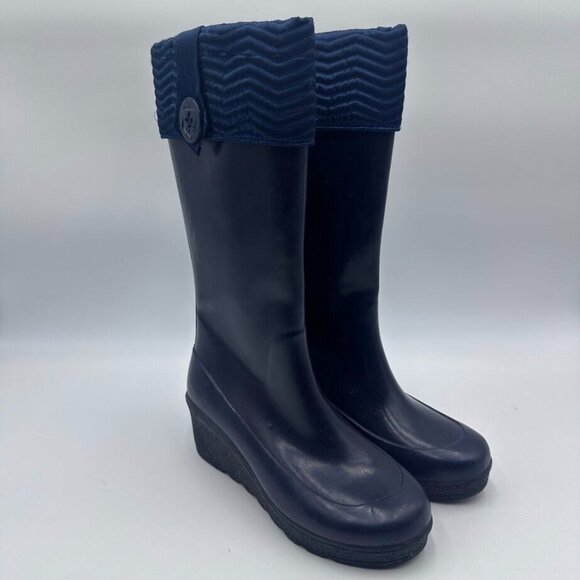 Sperry Boots Women 7 Waterproof Rain Navy Blue 2" Heel Cuff Rubber Anchor Button - Picture 1 of 10